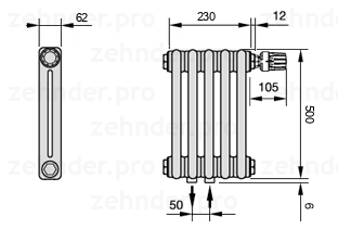 Схема (чертеж) Радиатор Zehnder Charleston 2050/5 №V008 Белый глянцевый RAL 9016